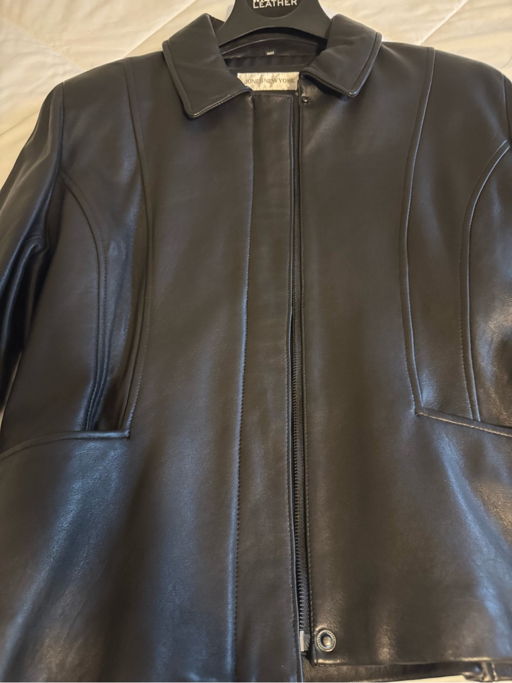 Jones New York Black Leather Bomber Jacket